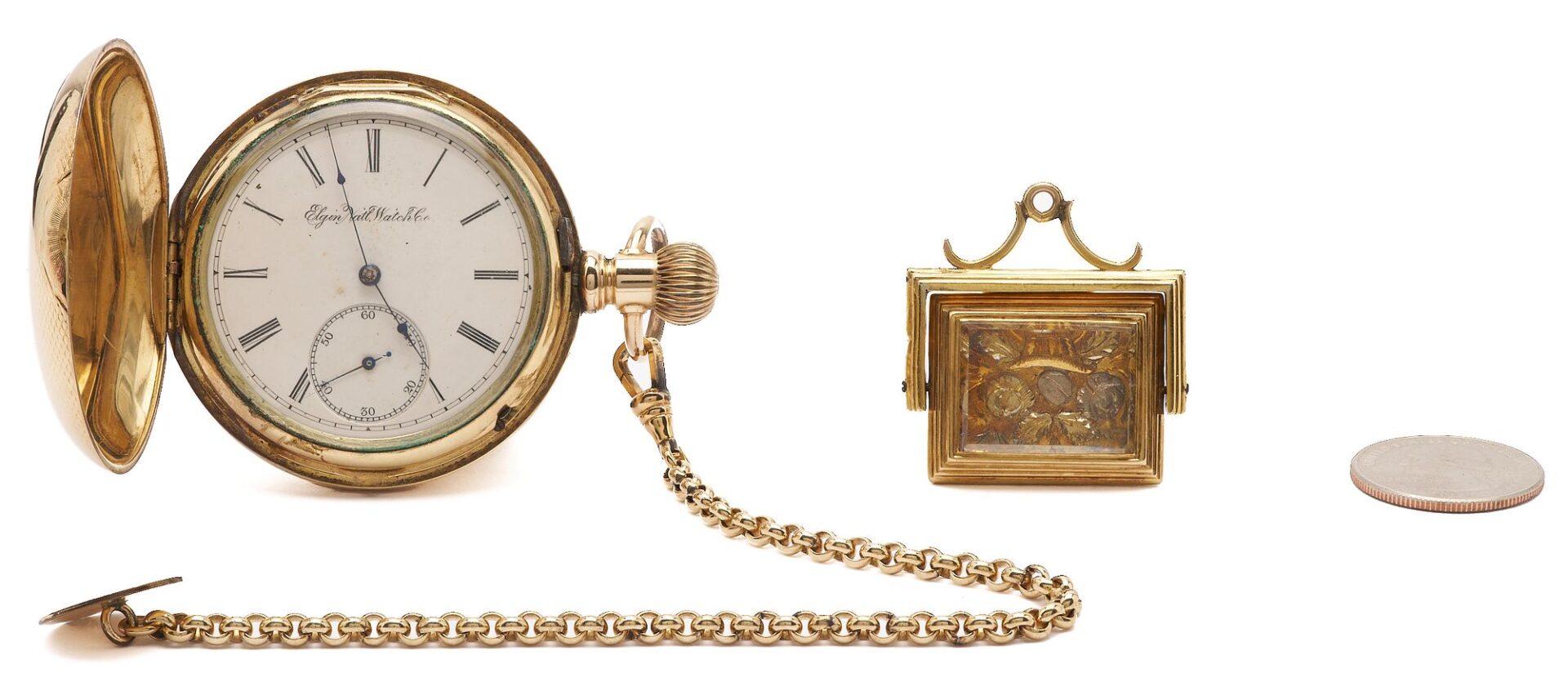 Lot 844: Elgin Pocketwatch w/ Chain and 18K Gold Spinner Fob