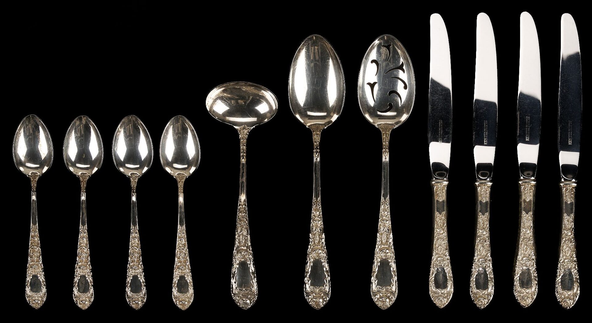 Lot 854: 19 pcs Kirk Rose Sterling Flatware plus 1 Sterling Plate