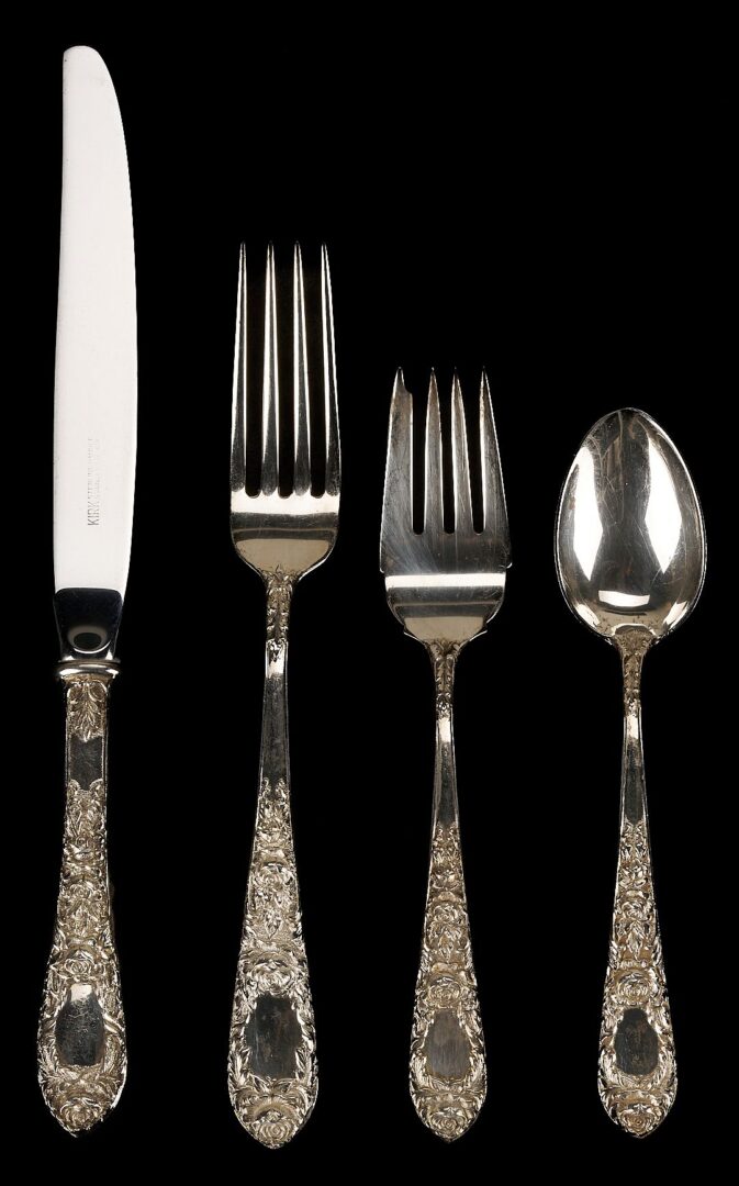 Lot 854: 19 pcs Kirk Rose Sterling Flatware plus 1 Sterling Plate