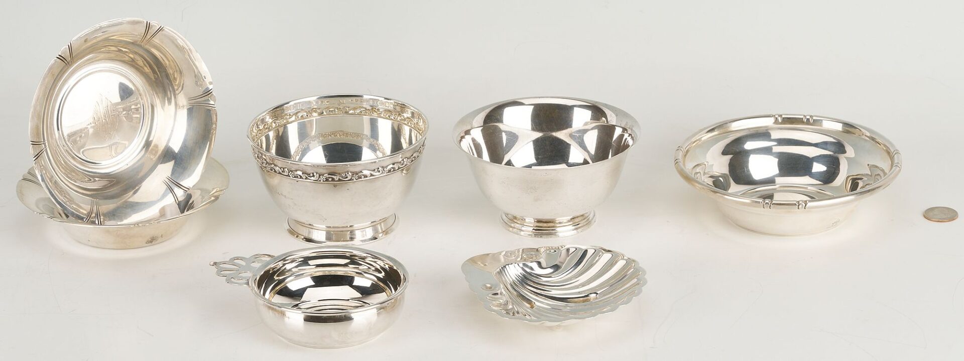 Lot 859: 7 Sterling bowls including Kirk shell, Web porringer