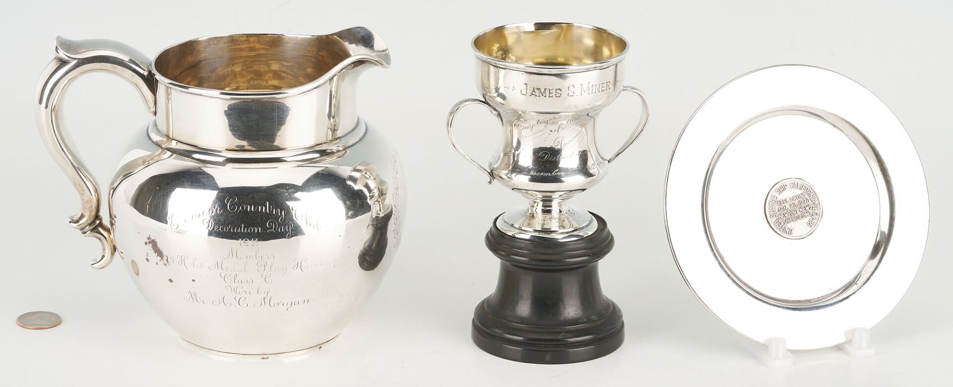 Lot 863: 3 pcs Presentation Silver incl Golf Trophy Pitcher, USS California Plate