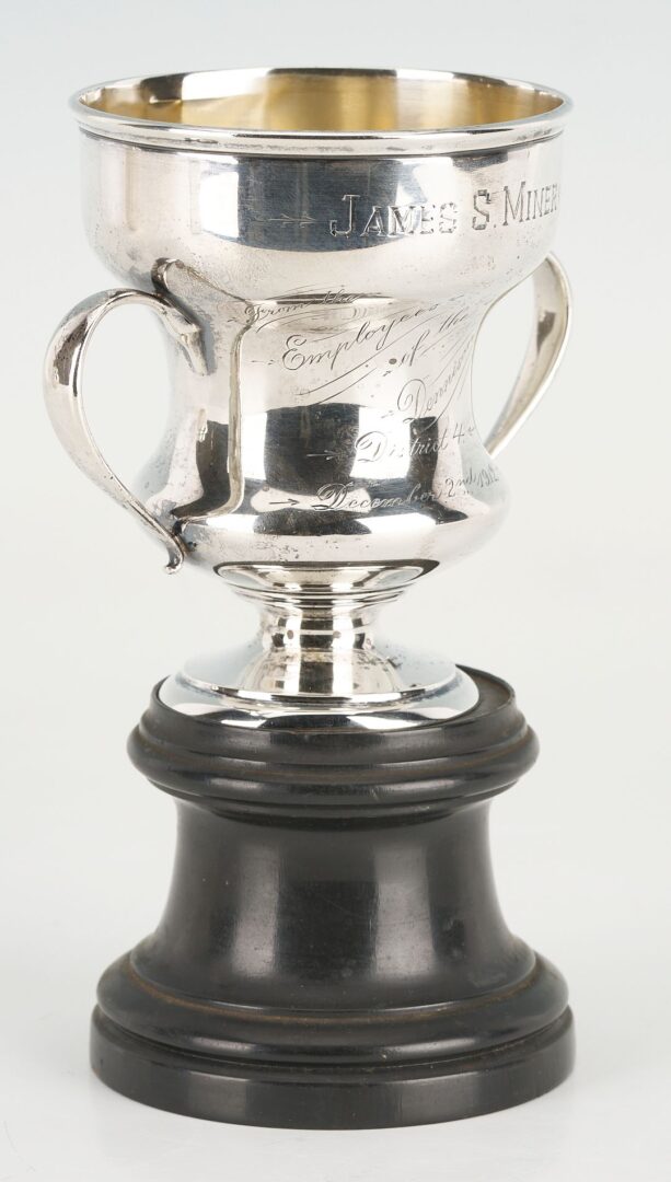 Lot 863: 3 pcs Presentation Silver incl Golf Trophy Pitcher, USS California Plate