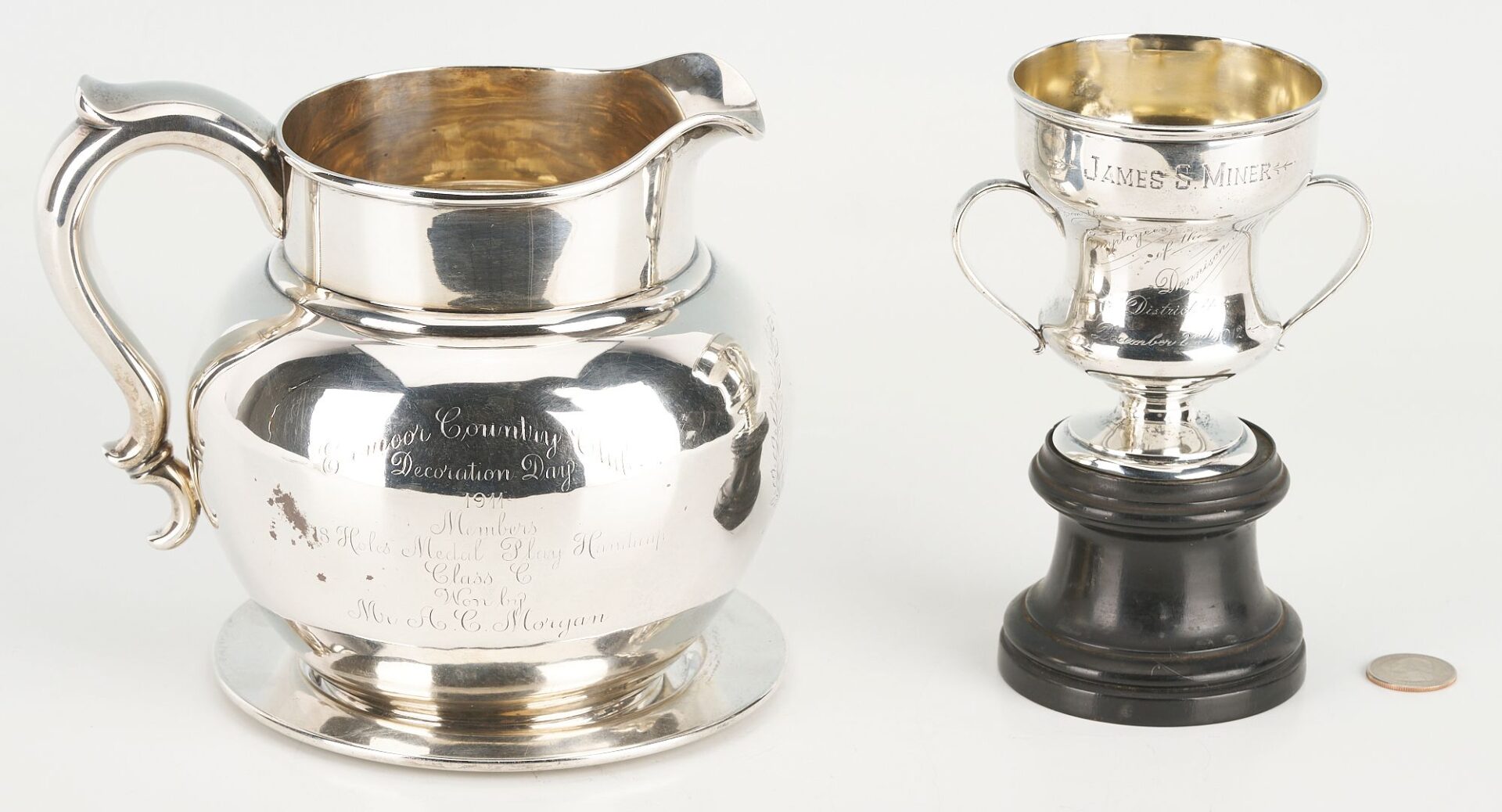 Lot 863: 3 pcs Presentation Silver incl Golf Trophy Pitcher, USS California Plate