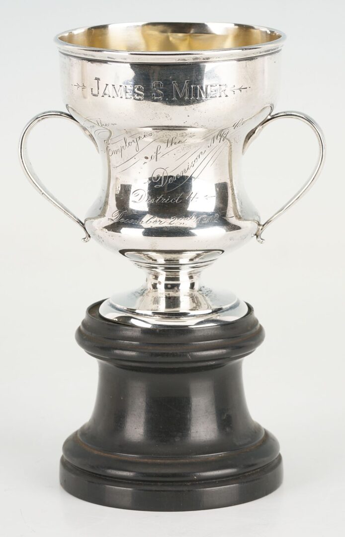 Lot 863: 3 pcs Presentation Silver incl Golf Trophy Pitcher, USS California Plate