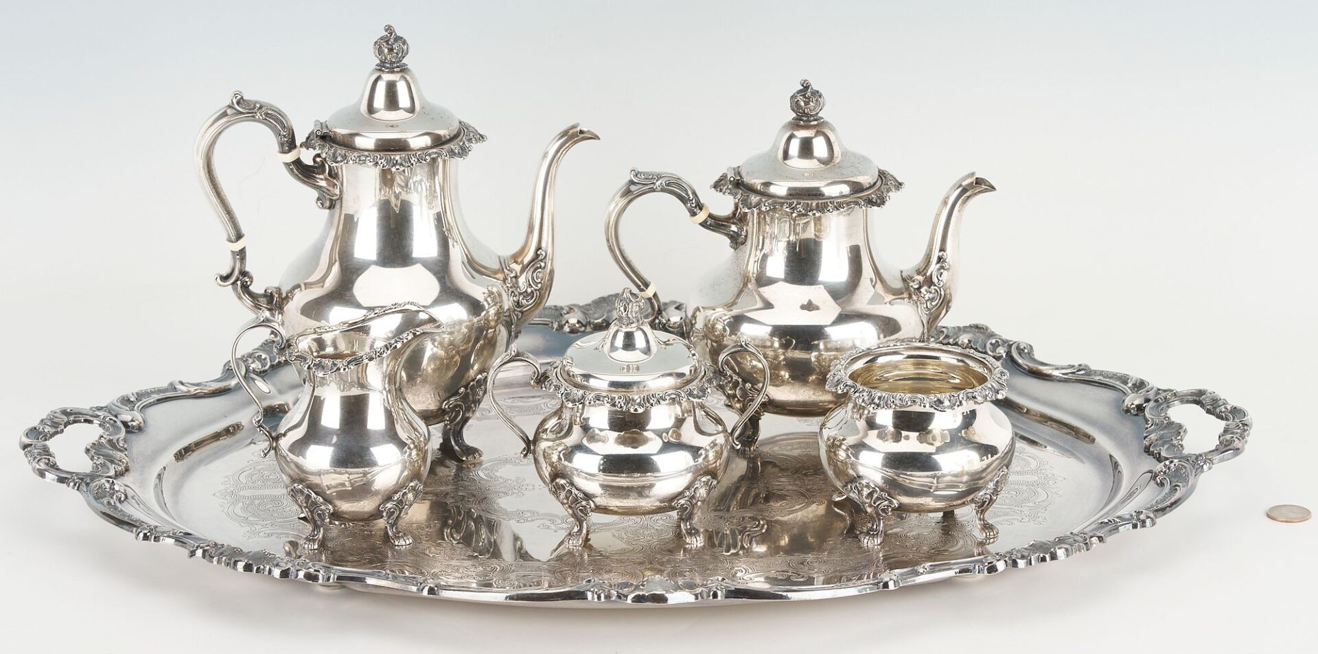 Lot 86: Gorham Strasbourg Sterling Tea Set, 5 pcs Plus s/p Tray