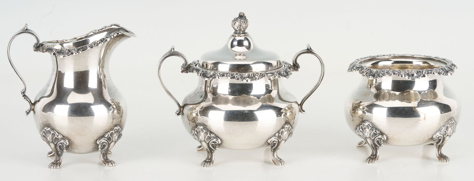 Lot 86: Gorham Strasbourg Sterling Tea Set, 5 pcs Plus s/p Tray