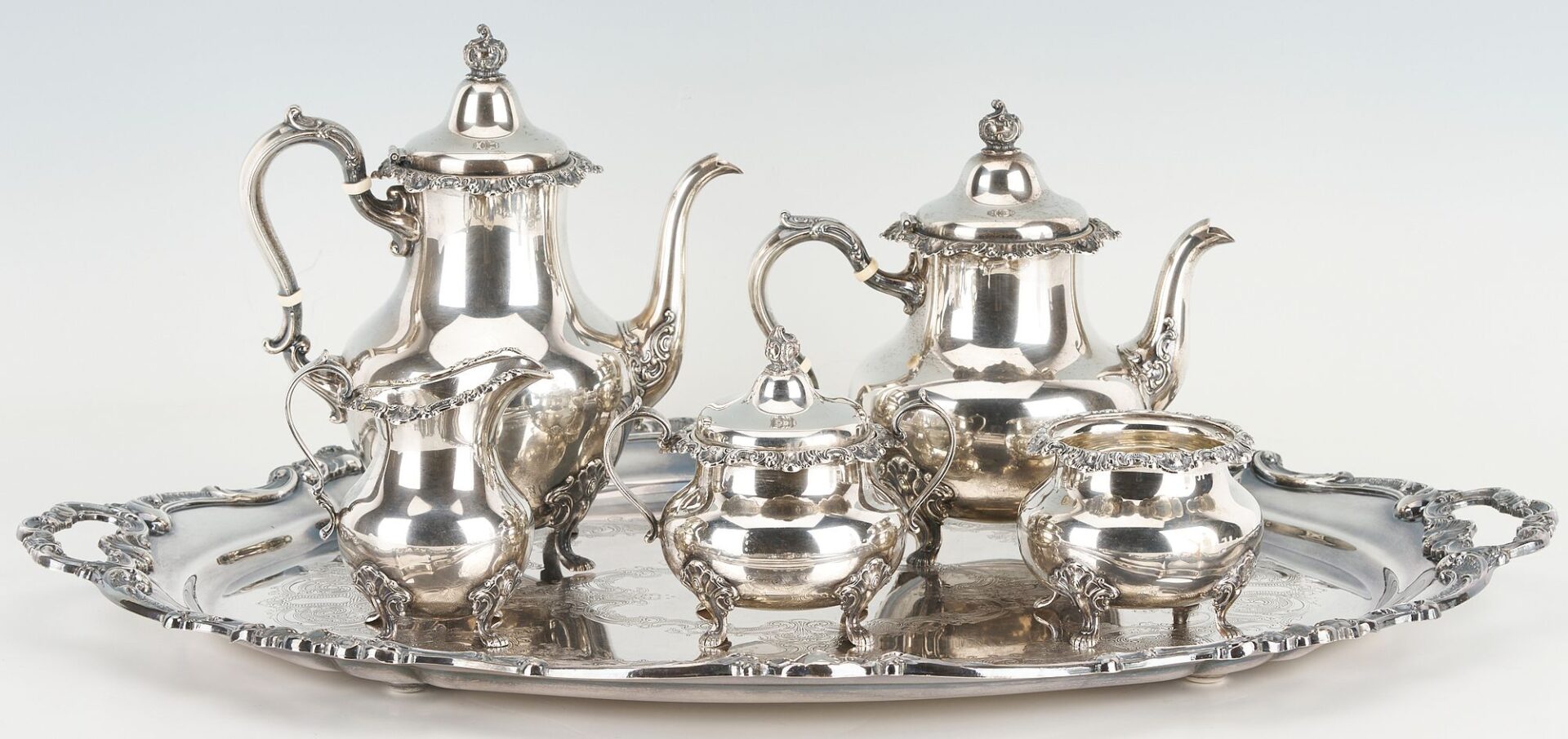 Lot 86: Gorham Strasbourg Sterling Tea Set, 5 pcs Plus s/p Tray
