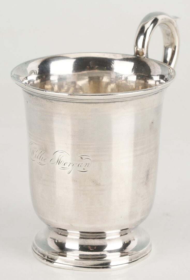 Lot 870: 6 pcs Coin Silver: 1 mug, 2 salts, 3 spoons