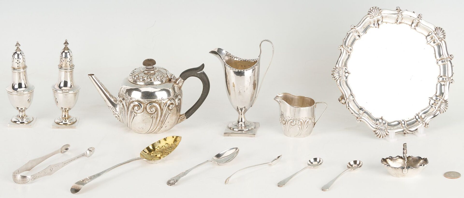 Lot 871: Assd. British Silver including Teapot, 2 creamers, cased Salt and Pepper