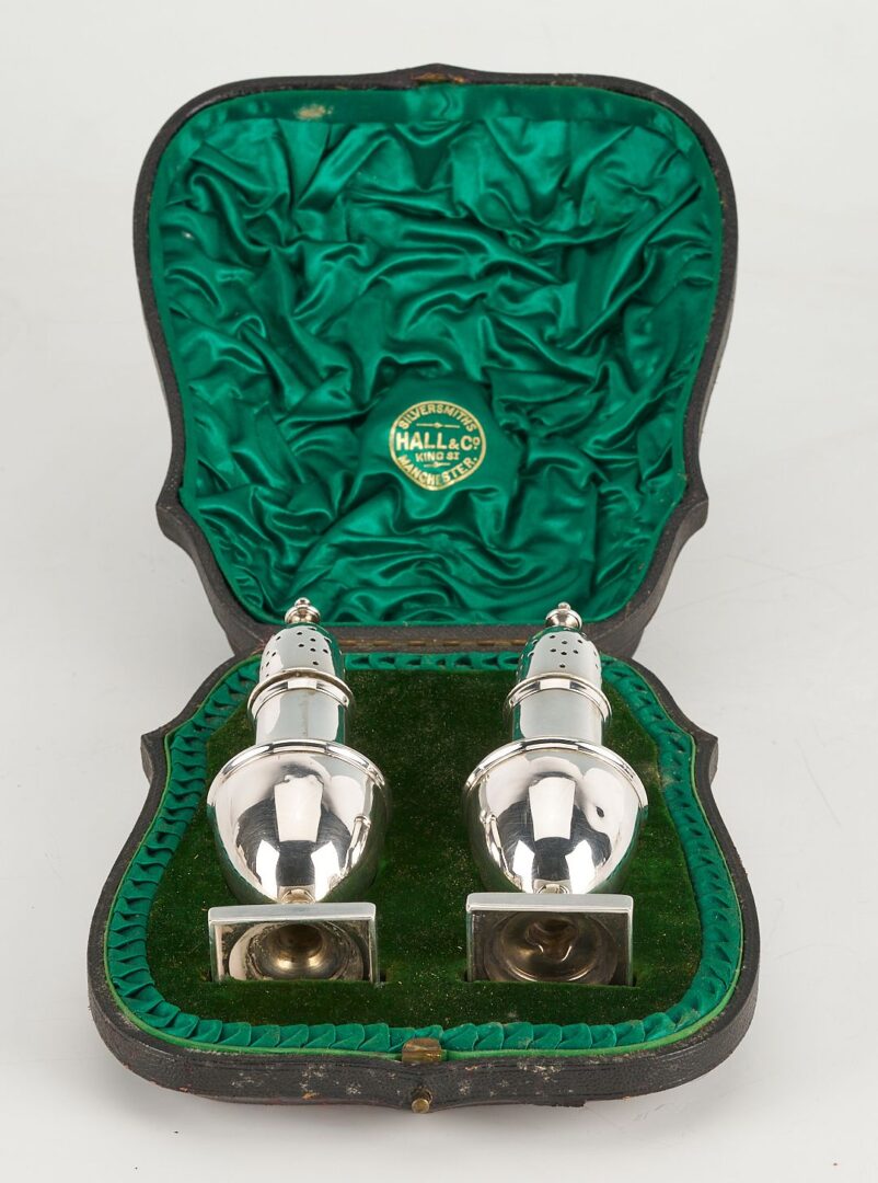 Lot 871: Assd. British Silver including Teapot, 2 creamers, cased Salt and Pepper