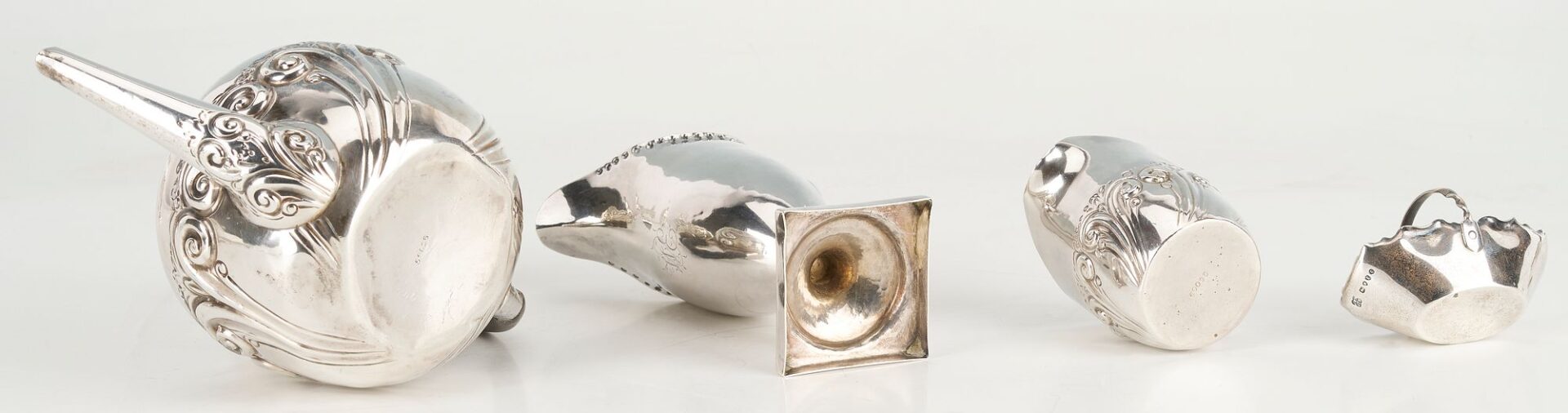 Lot 871: Assd. British Silver including Teapot, 2 creamers, cased Salt and Pepper