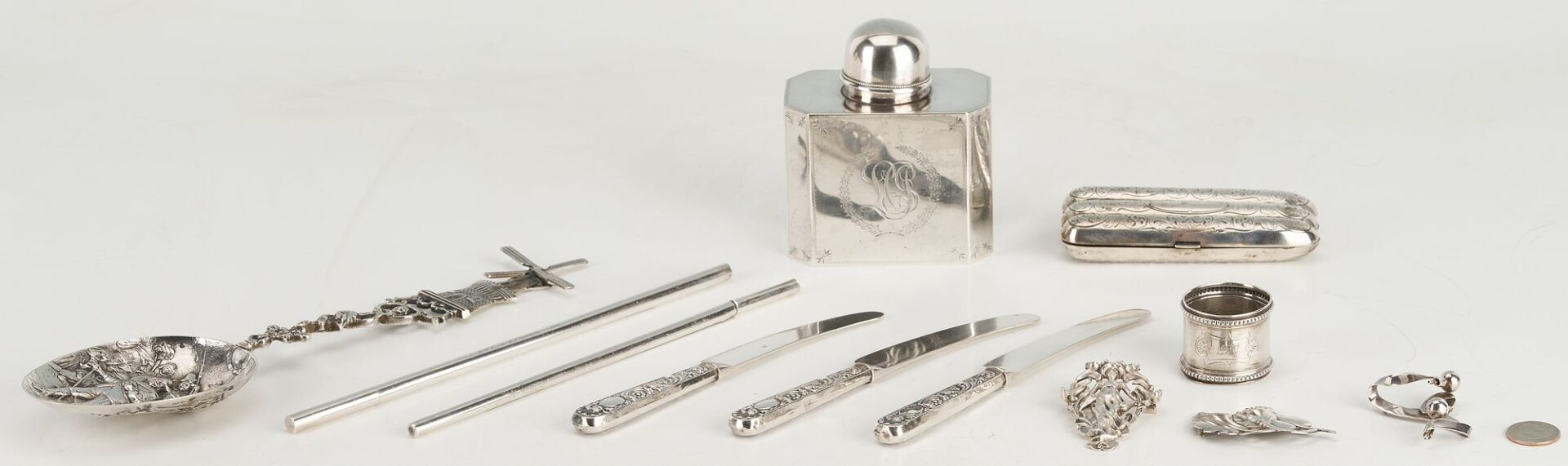 Lot 874: 10 Silver items incl. Tea Caddy, Larding Needles, Cigar Case, Brooches