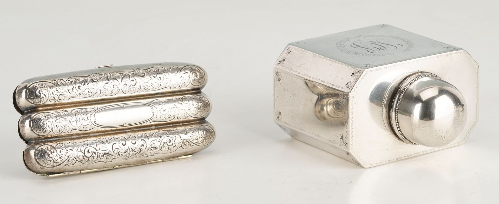 Lot 874: 10 Silver items incl. Tea Caddy, Larding Needles, Cigar Case, Brooches