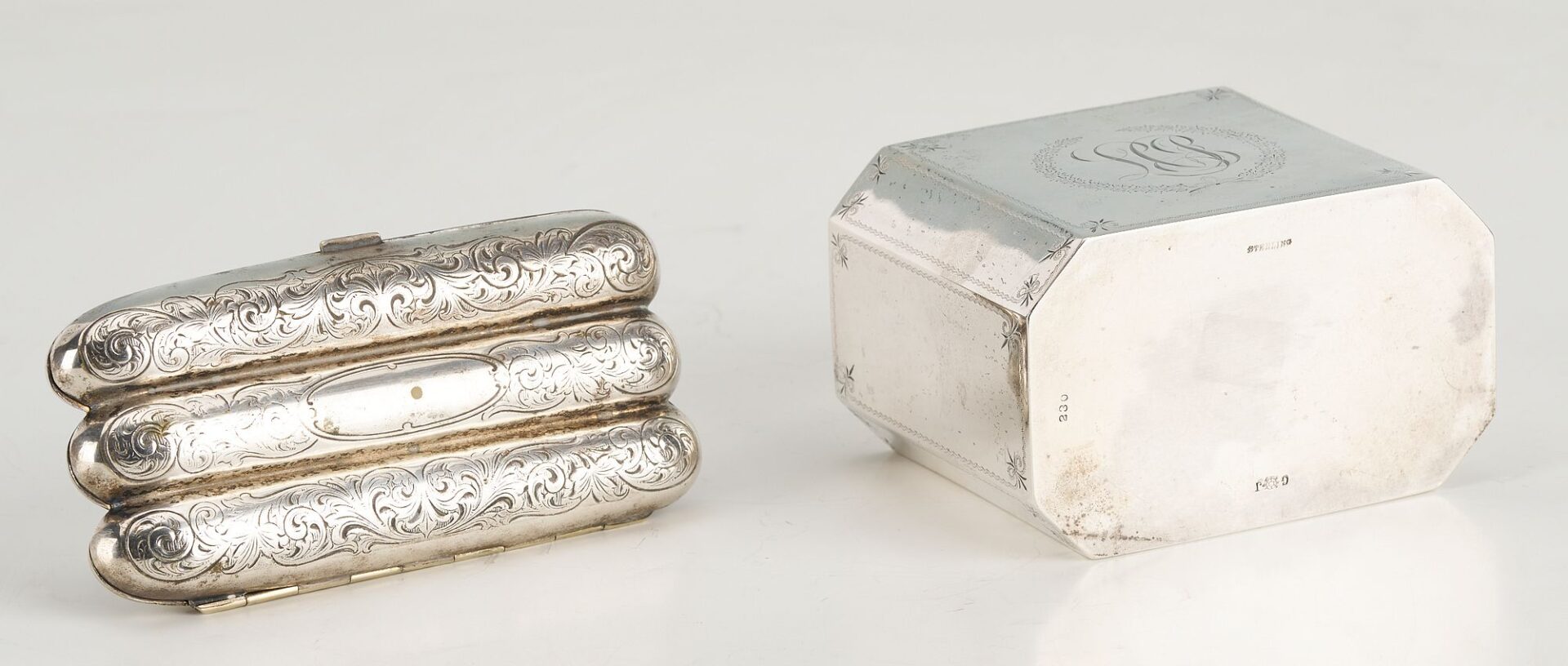 Lot 874: 10 Silver items incl. Tea Caddy, Larding Needles, Cigar Case, Brooches