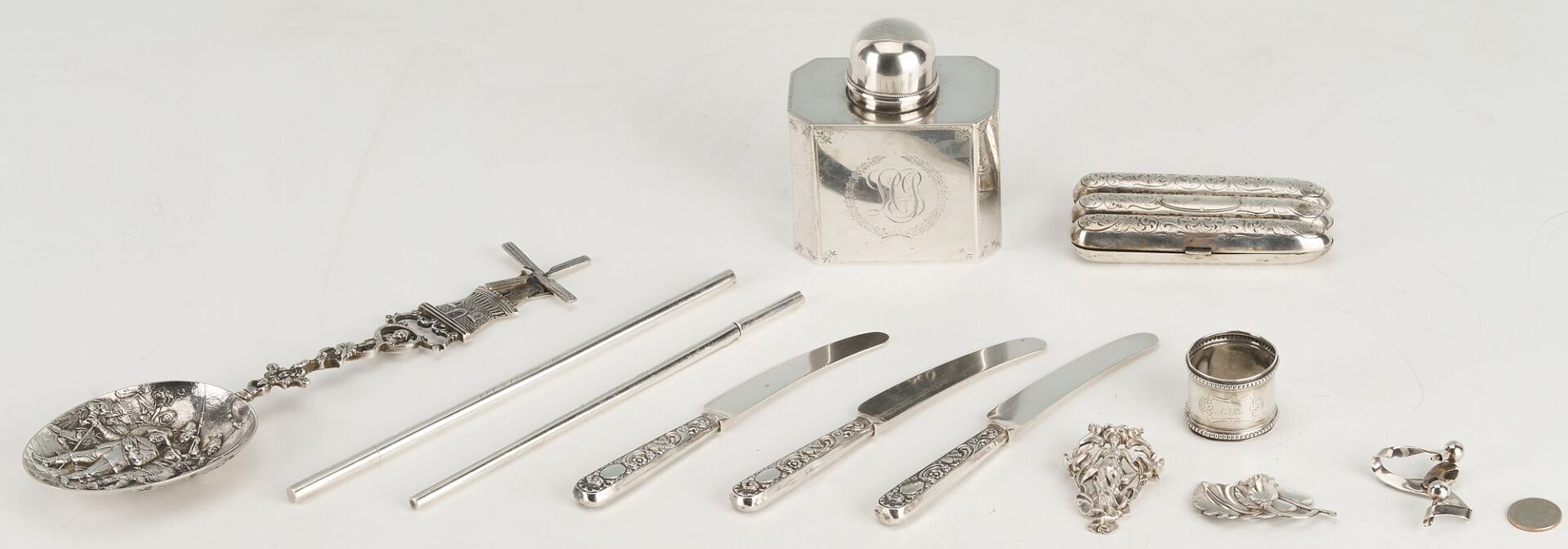 Lot 874: 10 Silver items incl. Tea Caddy, Larding Needles, Cigar Case, Brooches