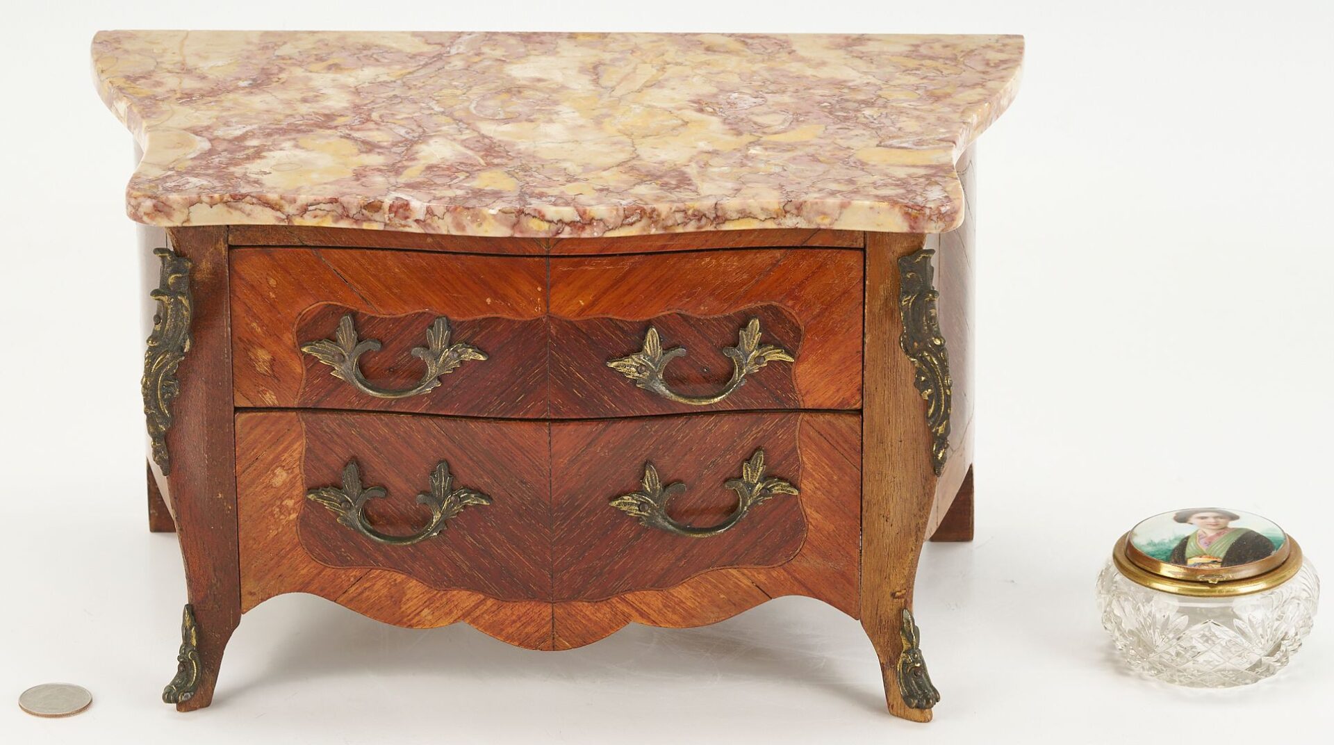 Lot 878: Geisha Cutglass Powder Box & Minature French Chest