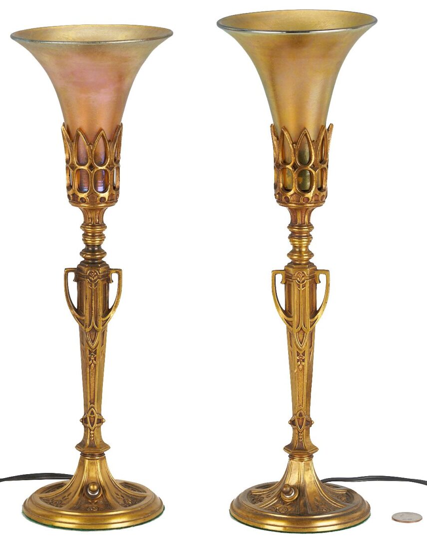 Lot 882: Pr. Art Nouveau Bronze & Art Glass Table Lamps