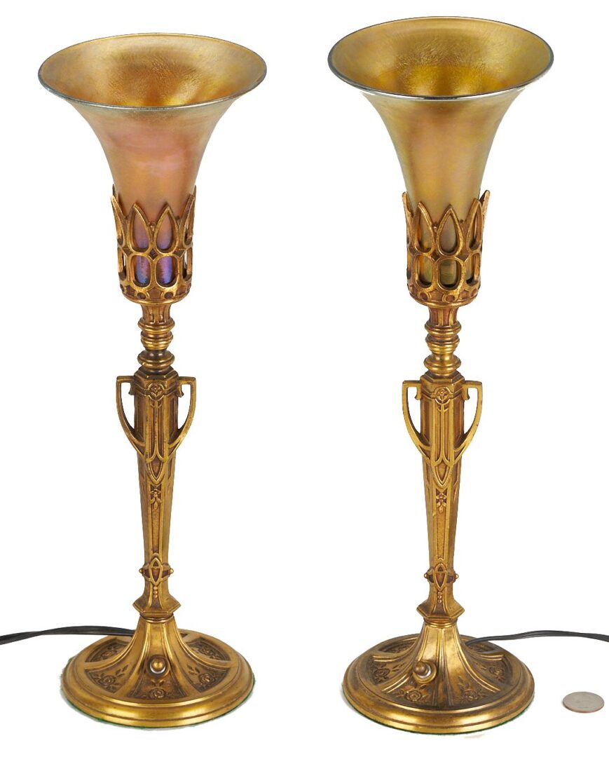 Lot 882: Pr. Art Nouveau Bronze & Art Glass Table Lamps