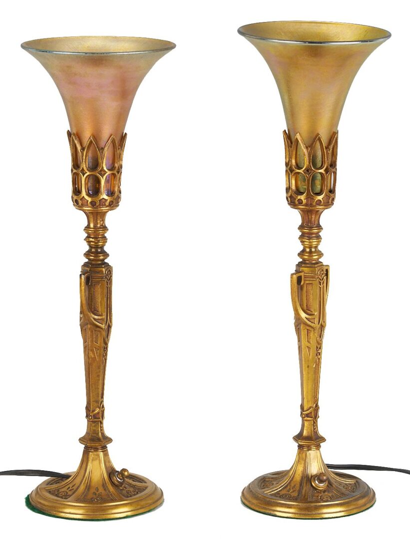 Lot 882: Pr. Art Nouveau Bronze & Art Glass Table Lamps