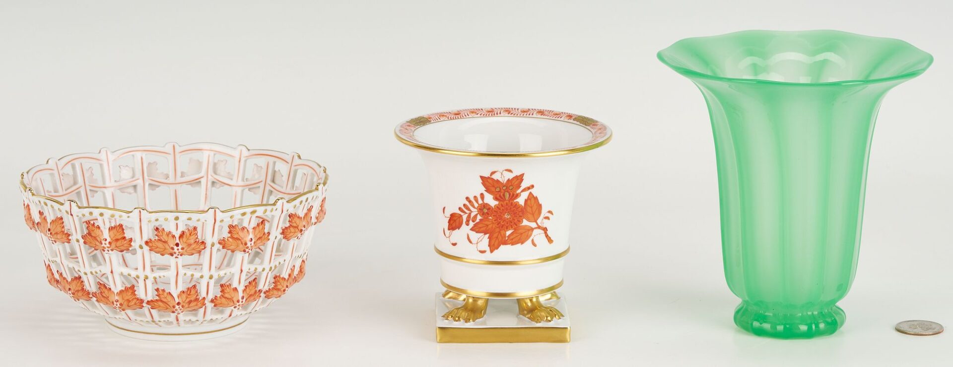 Lot 890: 2 Herend Porcelain Items plus Steuben Green Glass Vase