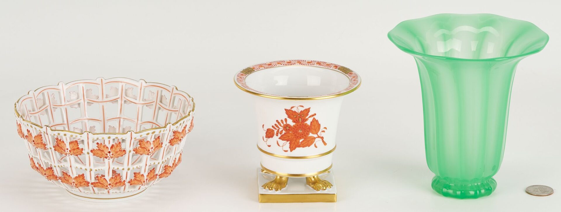Lot 890: 2 Herend Porcelain Items plus Steuben Green Glass Vase