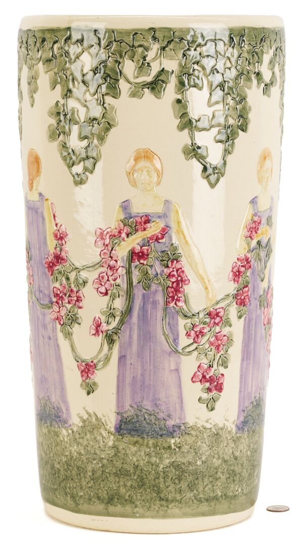 Lot 895: Art Pottery Ceramic Umbrella Stand, after Weller Zona