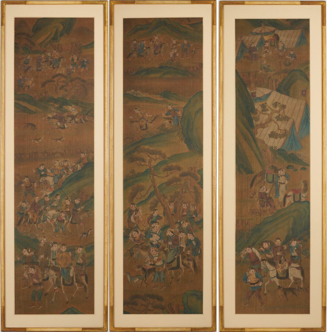Lot 8: 3 Chinese Framed Scrolls incl. Mongolian Hunting Scenes