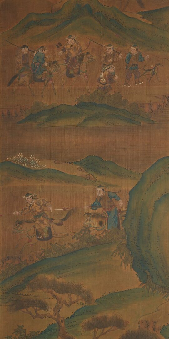 Lot 8: 3 Chinese Framed Scrolls incl. Mongolian Hunting Scenes