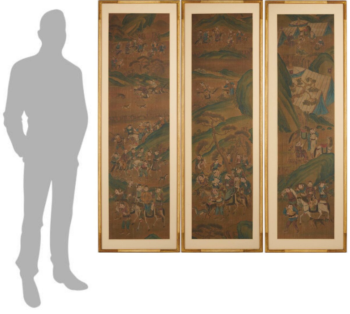 Lot 8: 3 Chinese Framed Scrolls incl. Mongolian Hunting Scenes