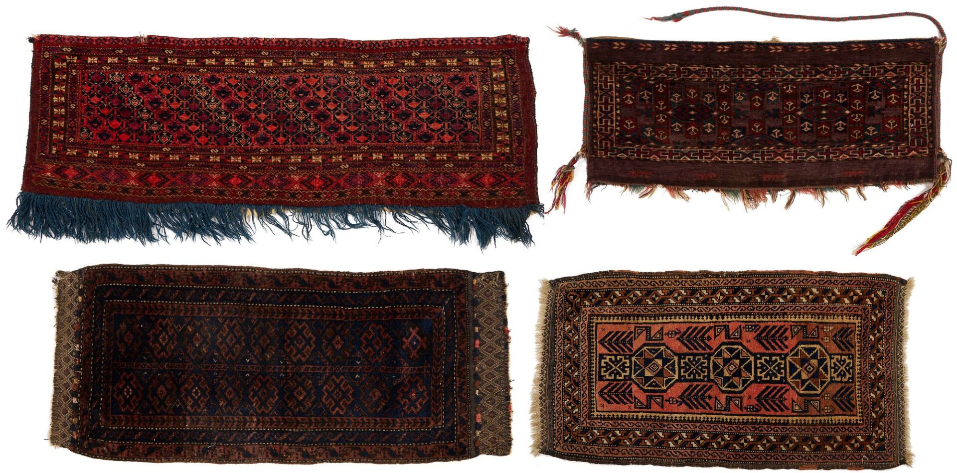 Lot 902: 2 Antique Turkmen Torbas & 2 Antique Baluch Balisht Pillows