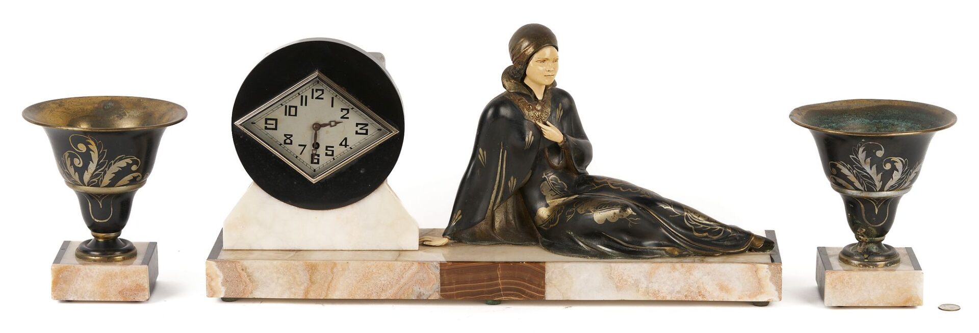 Lot 920: Large French Art Deco Figural Mantel Clock Set
