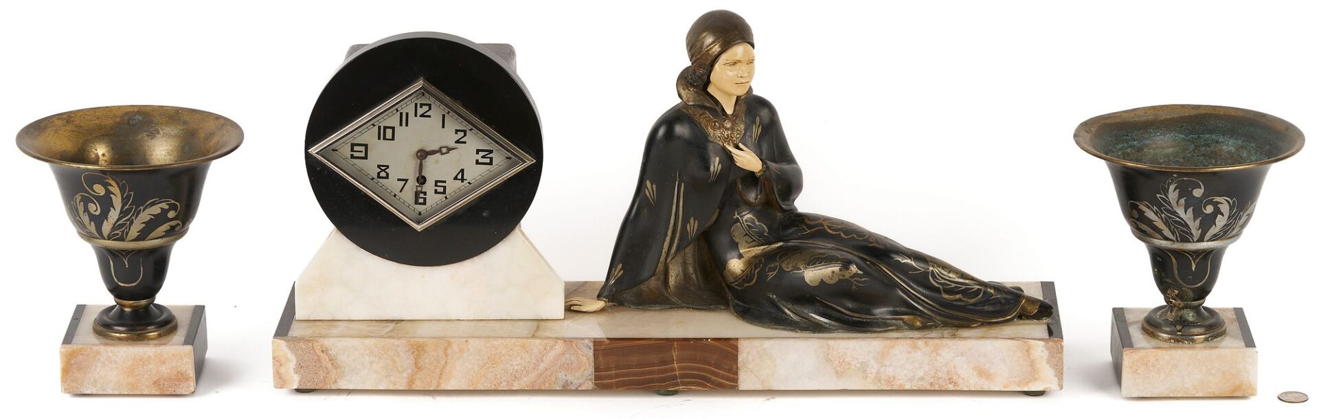 Lot 920: Large French Art Deco Figural Mantel Clock Set