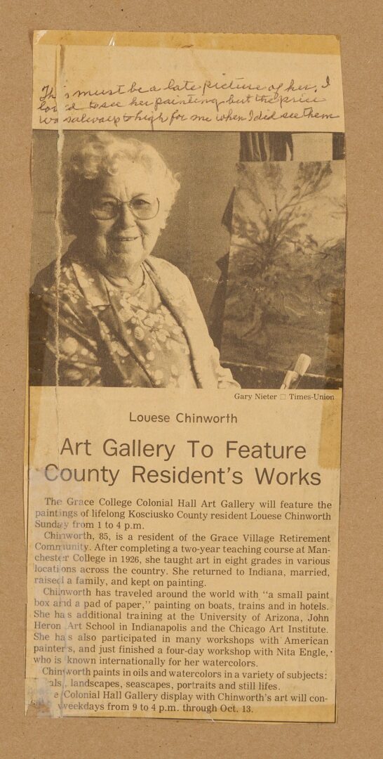 Lot 924: Louese Chinworth Landscape Painting w/ Church & River, Indiana Interest