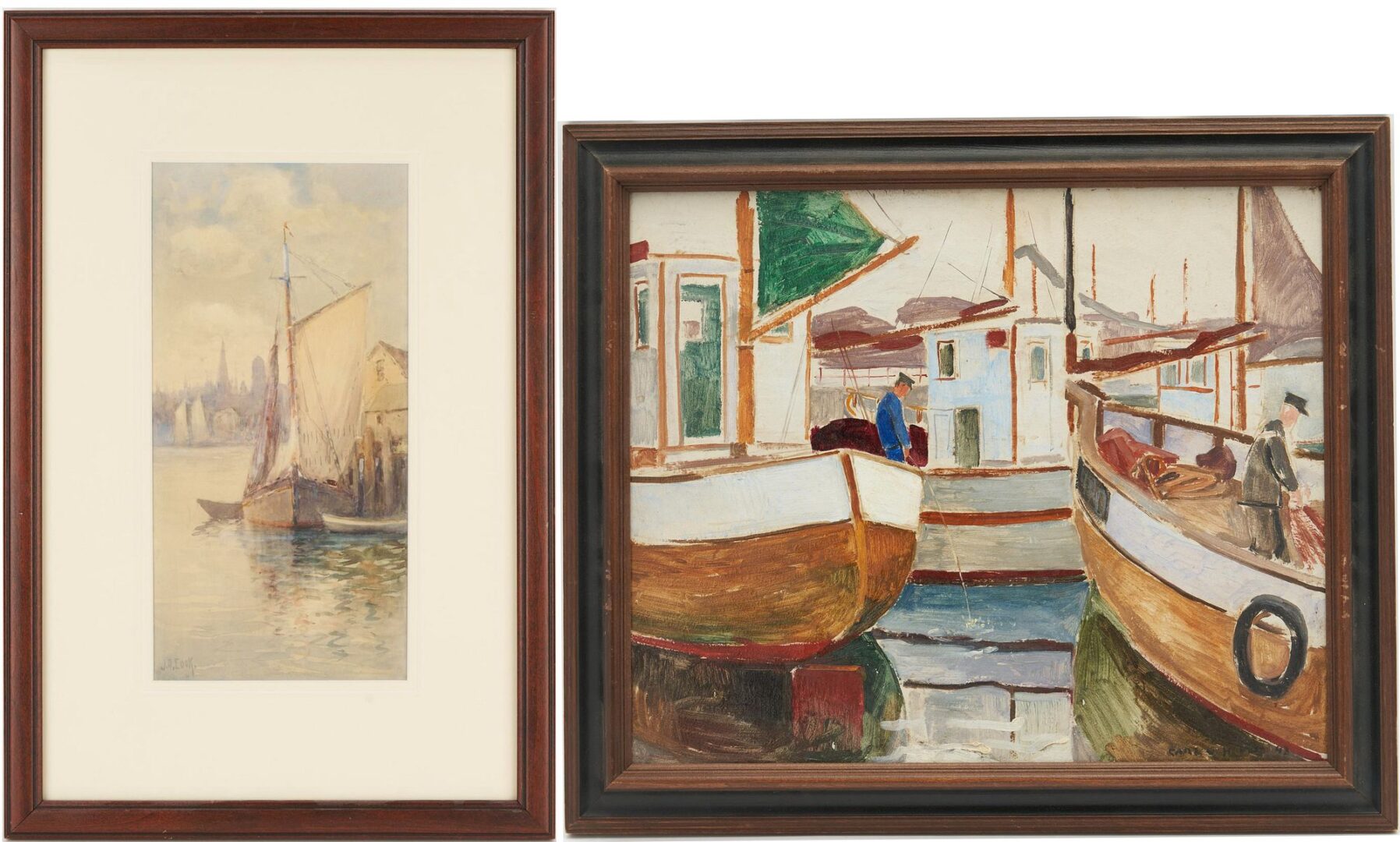 Lot 926: John Cook New England Watercolor Harbor Scene & Carl Von Hanno O/B, Harbor Scene