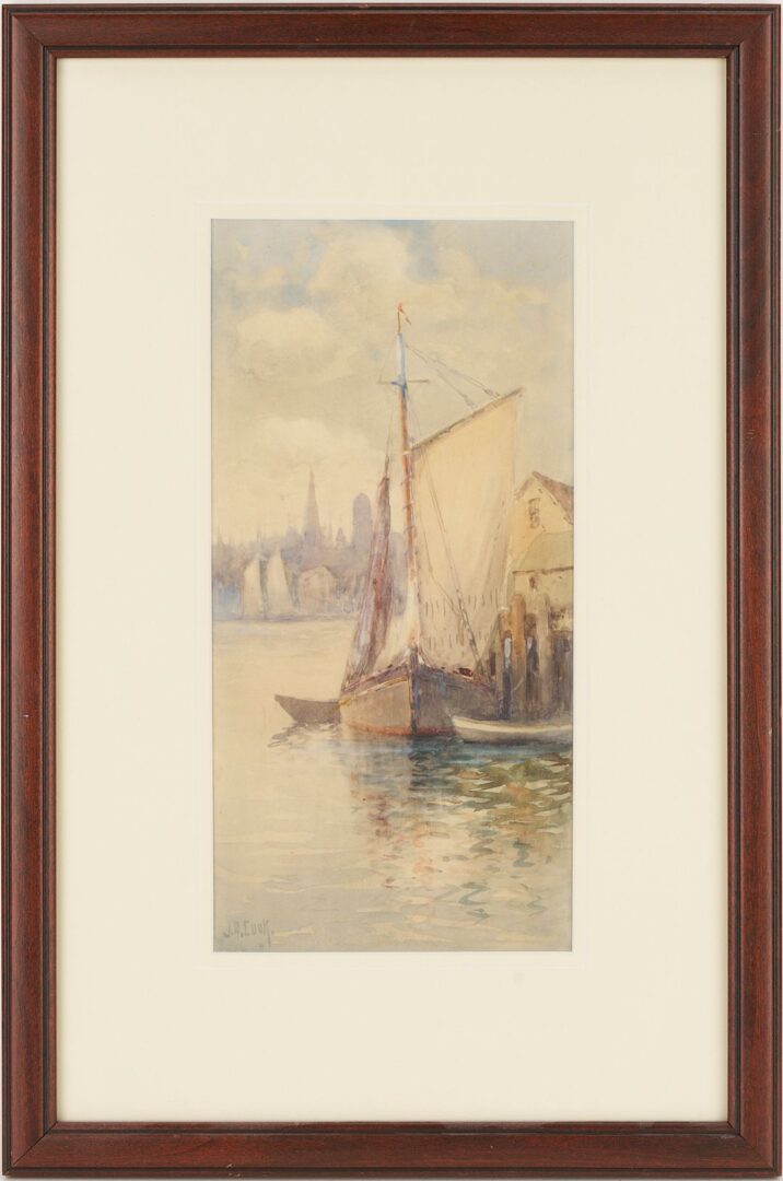 Lot 926: John Cook New England Watercolor Harbor Scene & Carl Von Hanno O/B, Harbor Scene
