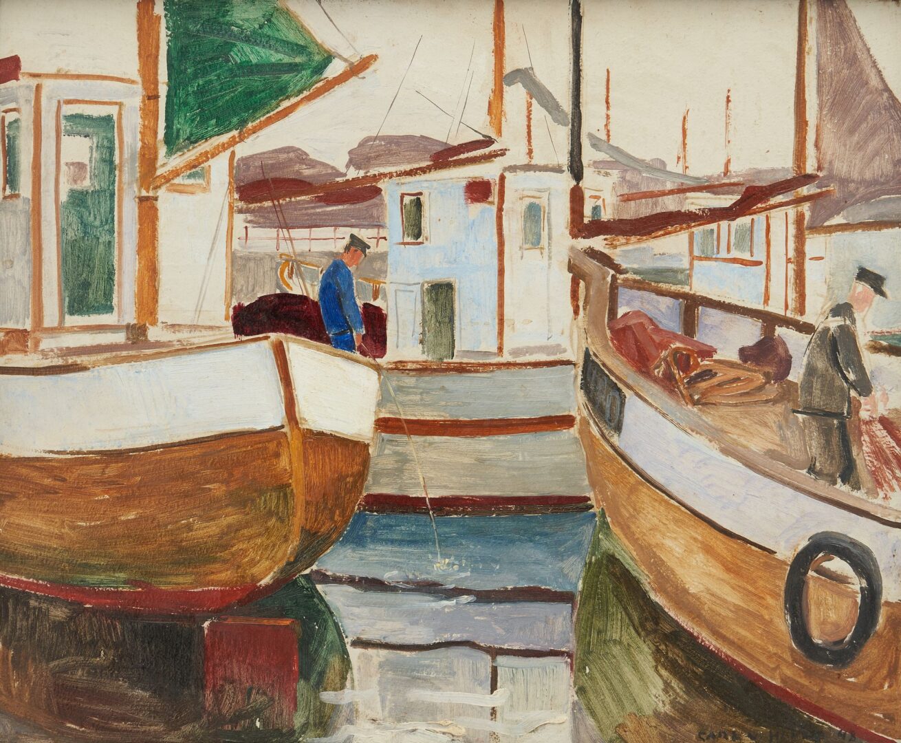 Lot 926: John Cook New England Watercolor Harbor Scene & Carl Von Hanno O/B, Harbor Scene