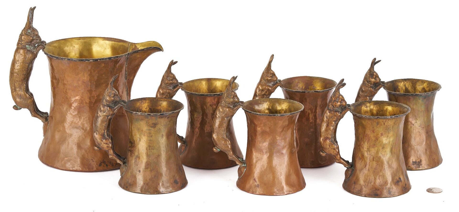 Lot 92: Attr. Joseph Heinrichs, Set of Copper Cups & Pitcher