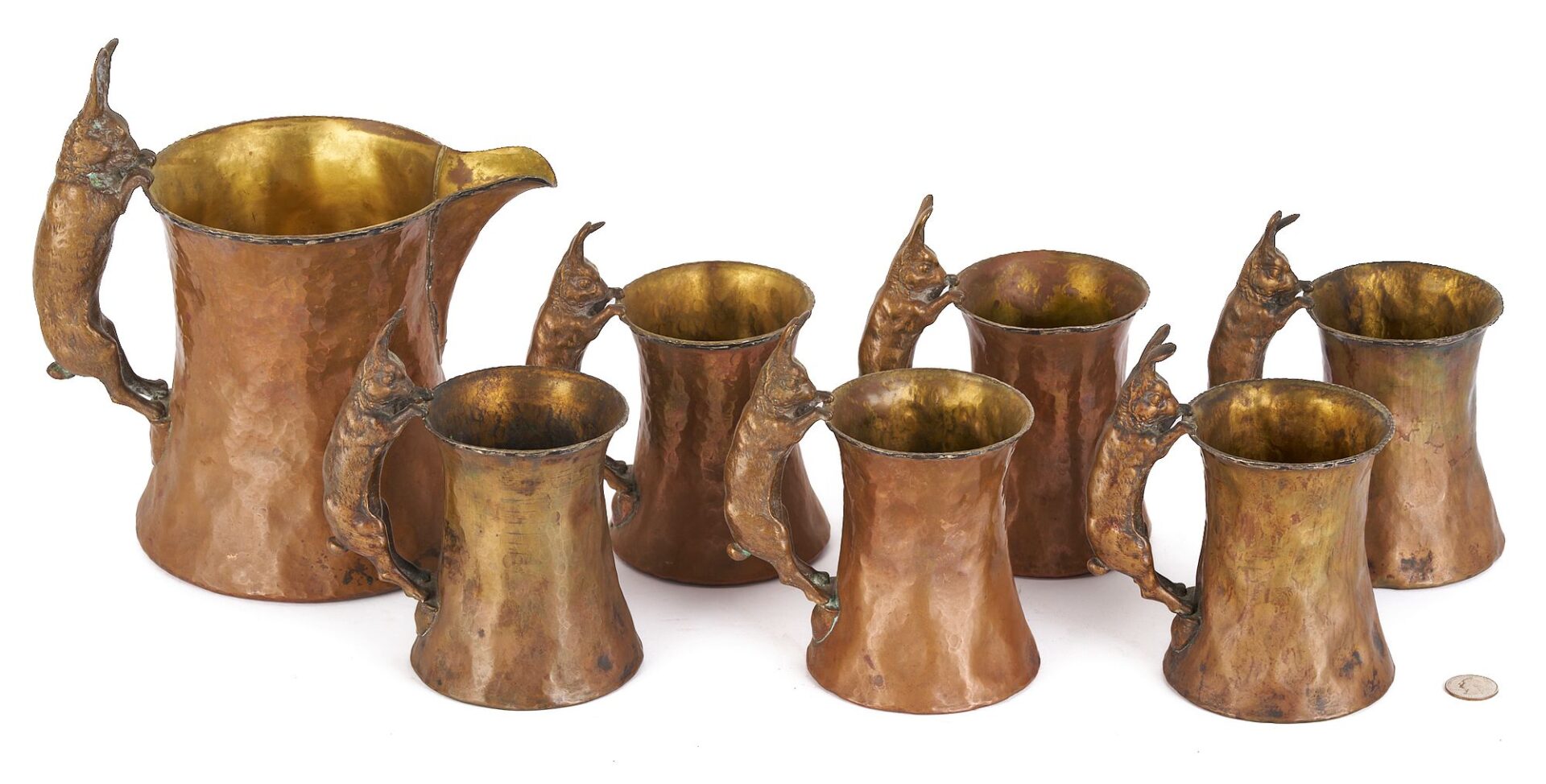 Lot 92: Attr. Joseph Heinrichs, Set of Copper Cups & Pitcher