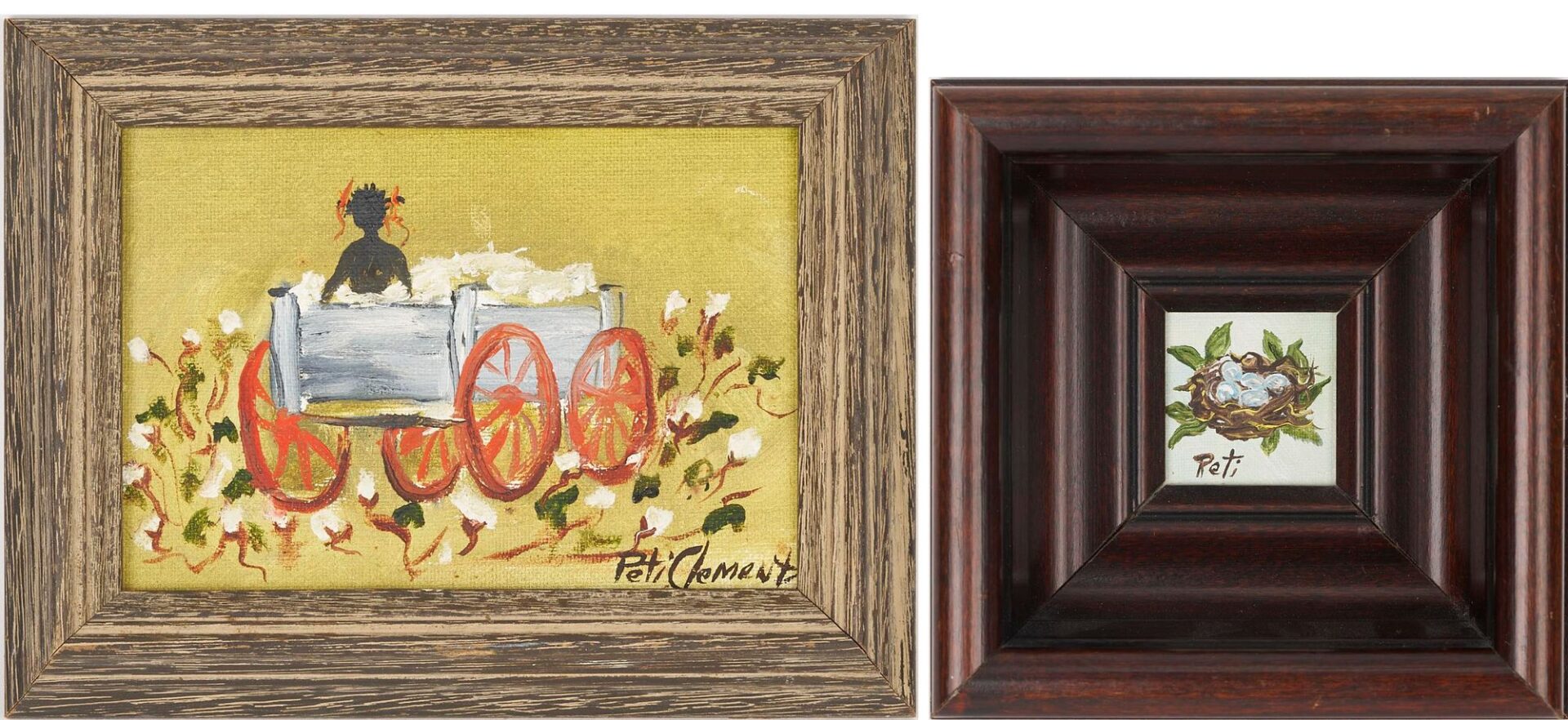 Lot 930: 2 Peti Clements Paintings, Nest & Girl in Wagon