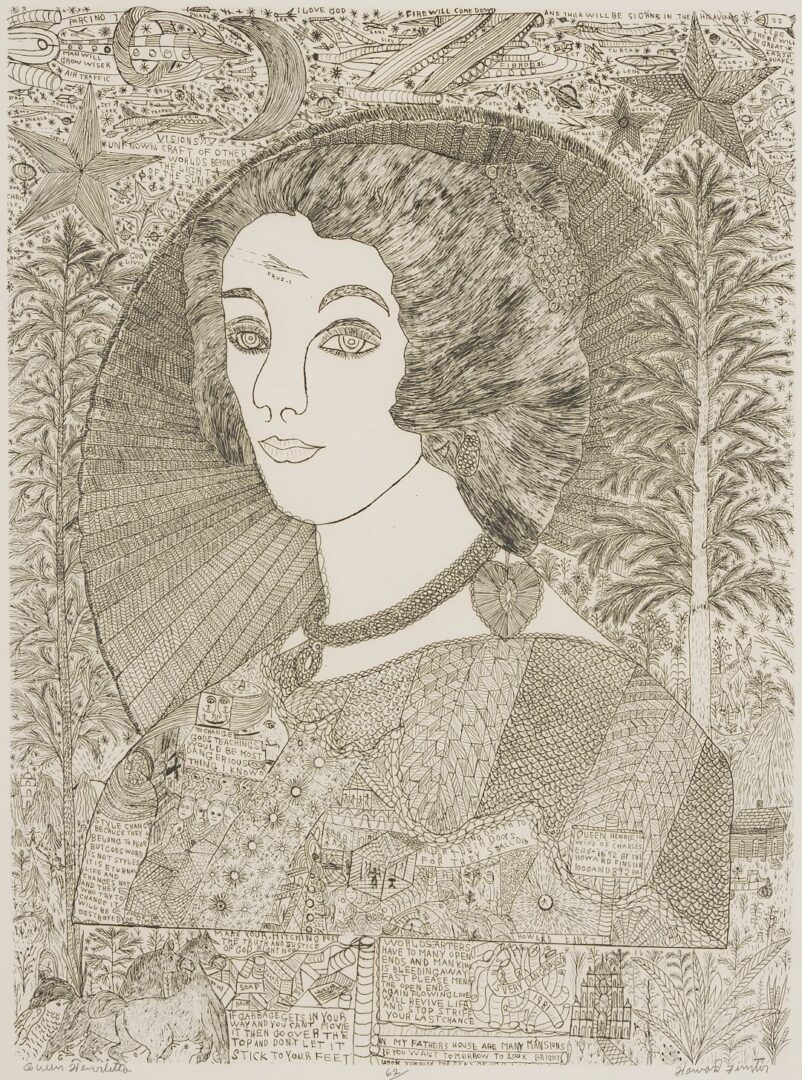 Lot 932: Howard Finster Outsider Art Etching, Queen Henrietta