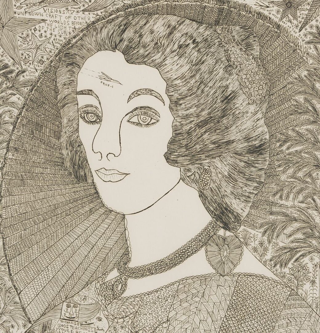 Lot 932: Howard Finster Outsider Art Etching, Queen Henrietta