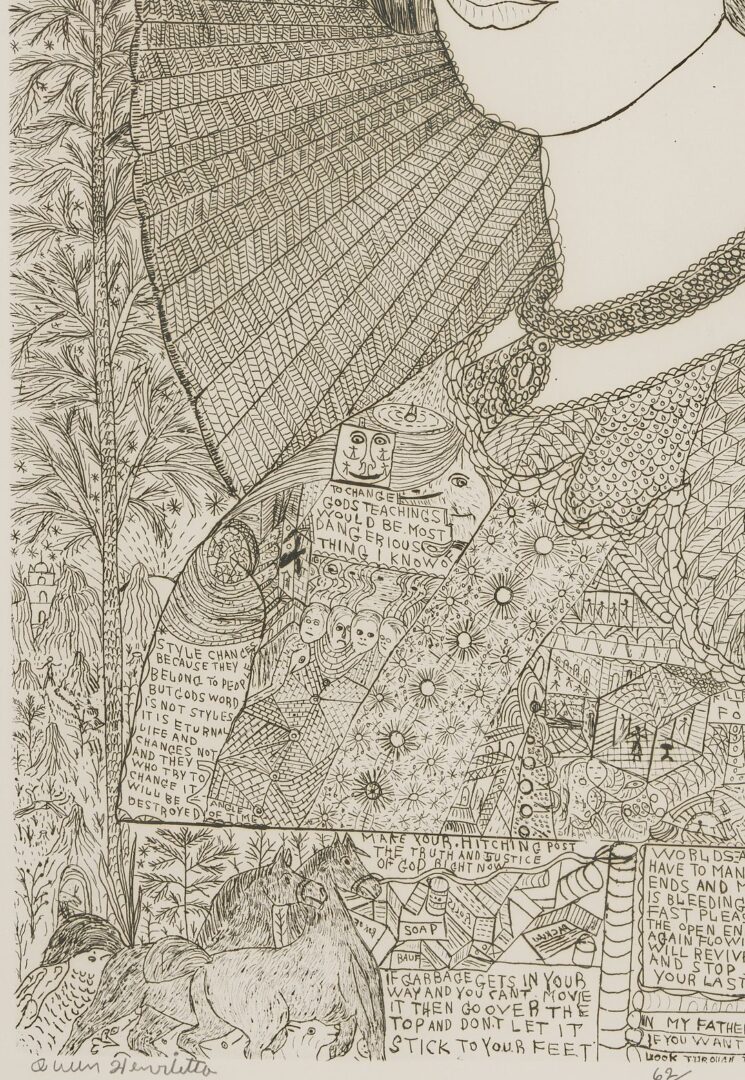 Lot 932: Howard Finster Outsider Art Etching, Queen Henrietta