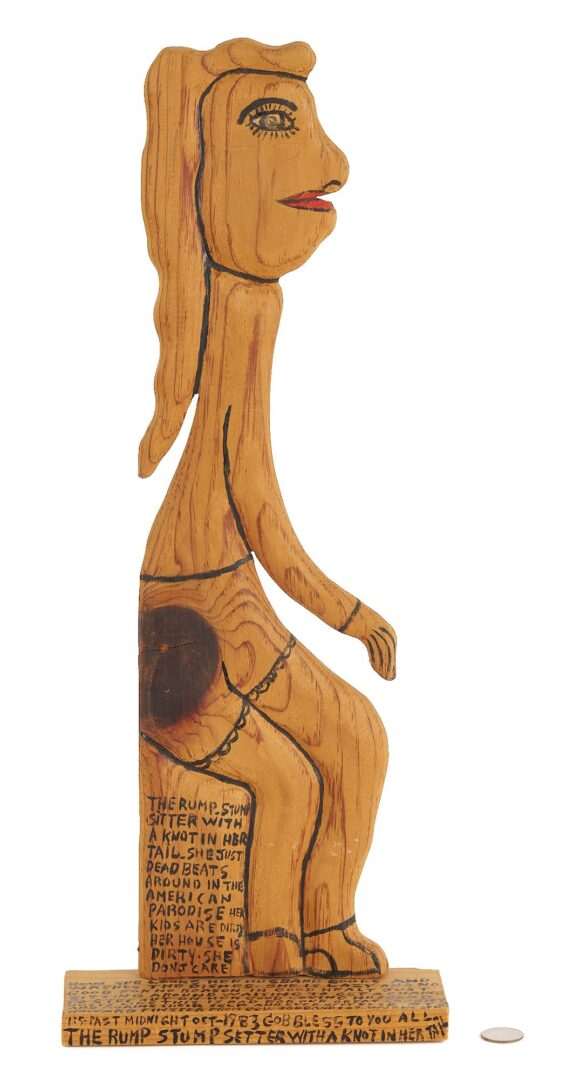 Lot 933: Howard Finster Wood Carving, The Rump Stump Sitter