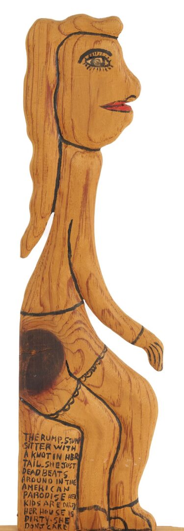 Lot 933: Howard Finster Wood Carving, The Rump Stump Sitter