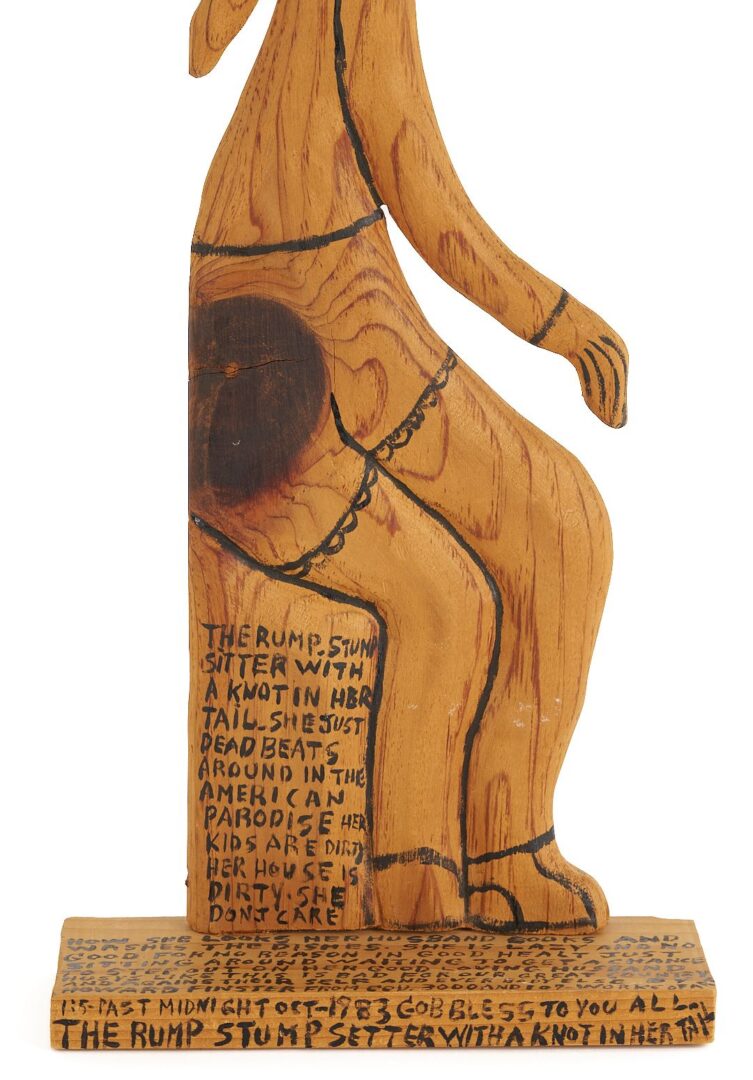 Lot 933: Howard Finster Wood Carving, The Rump Stump Sitter