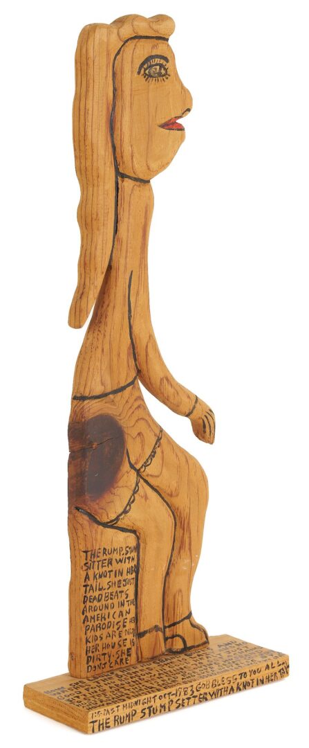 Lot 933: Howard Finster Wood Carving, The Rump Stump Sitter