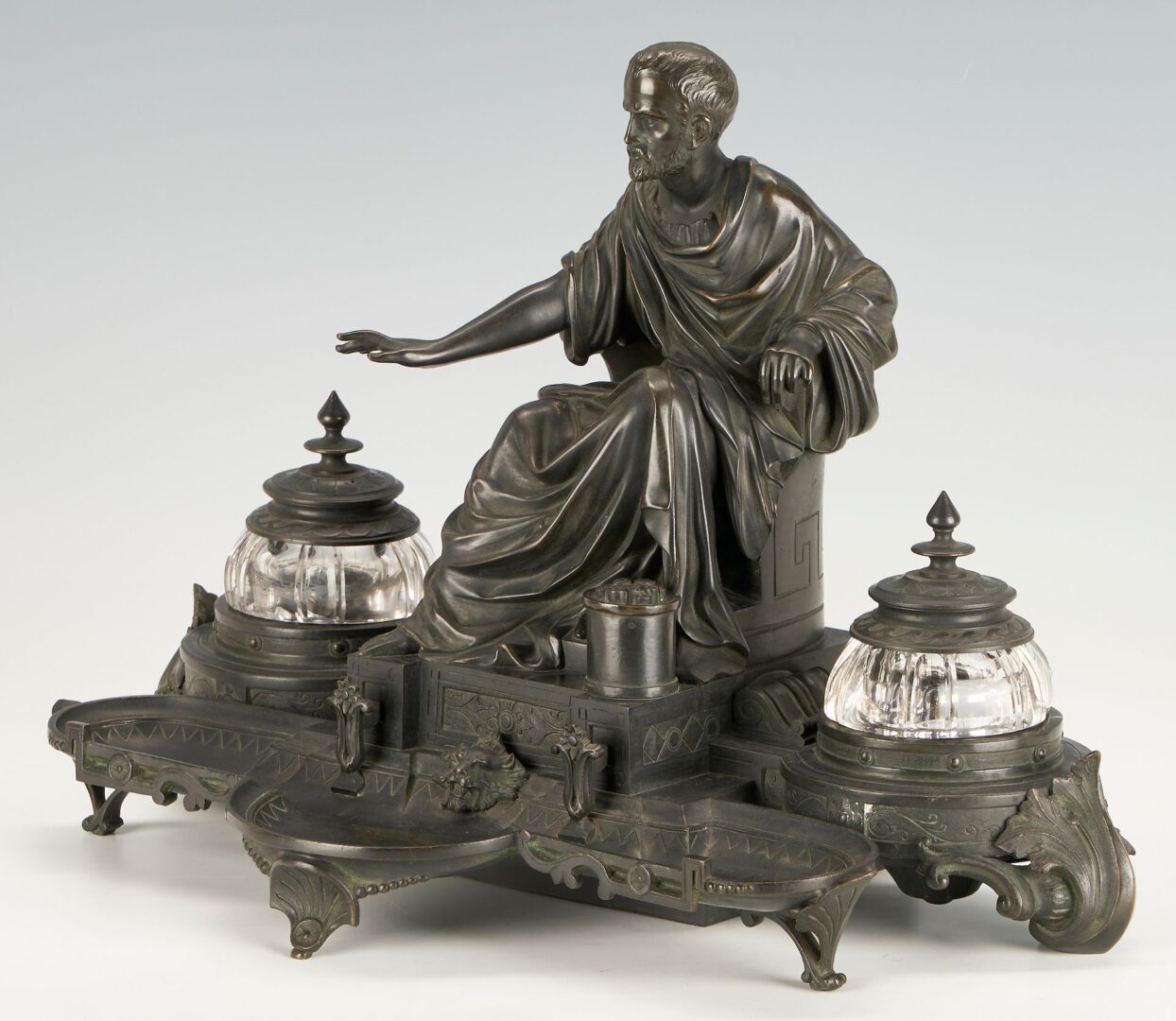 Lot 95: Grand Tour Neoclassical Bronze Figural Inkstand, Likely French