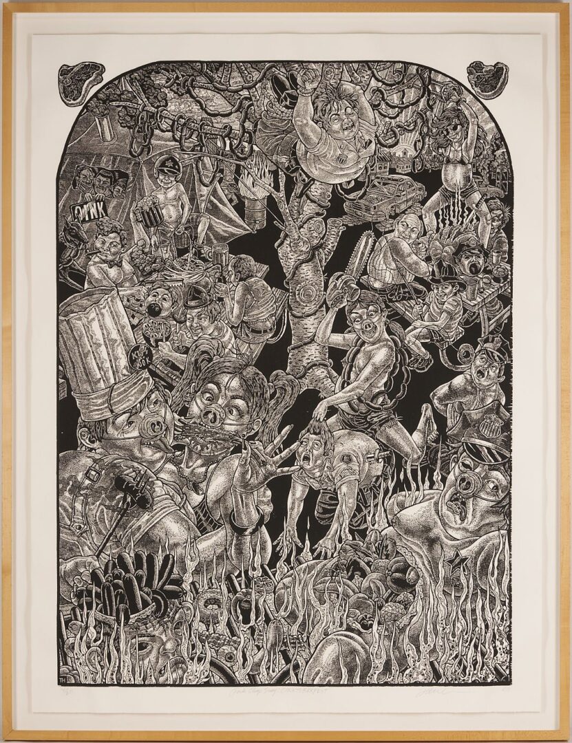 Lot 968: Large Tom Huck Woodcut, Pork Chop Suey: Oinktoberfest