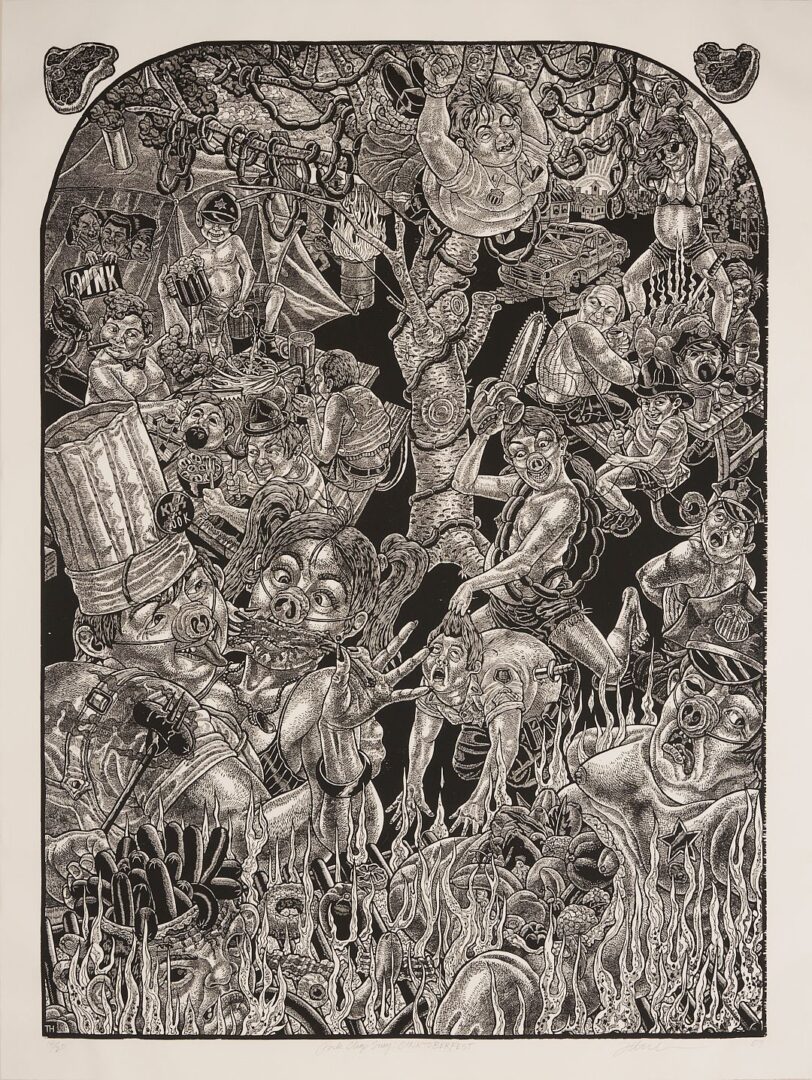 Lot 968: Large Tom Huck Woodcut, Pork Chop Suey: Oinktoberfest