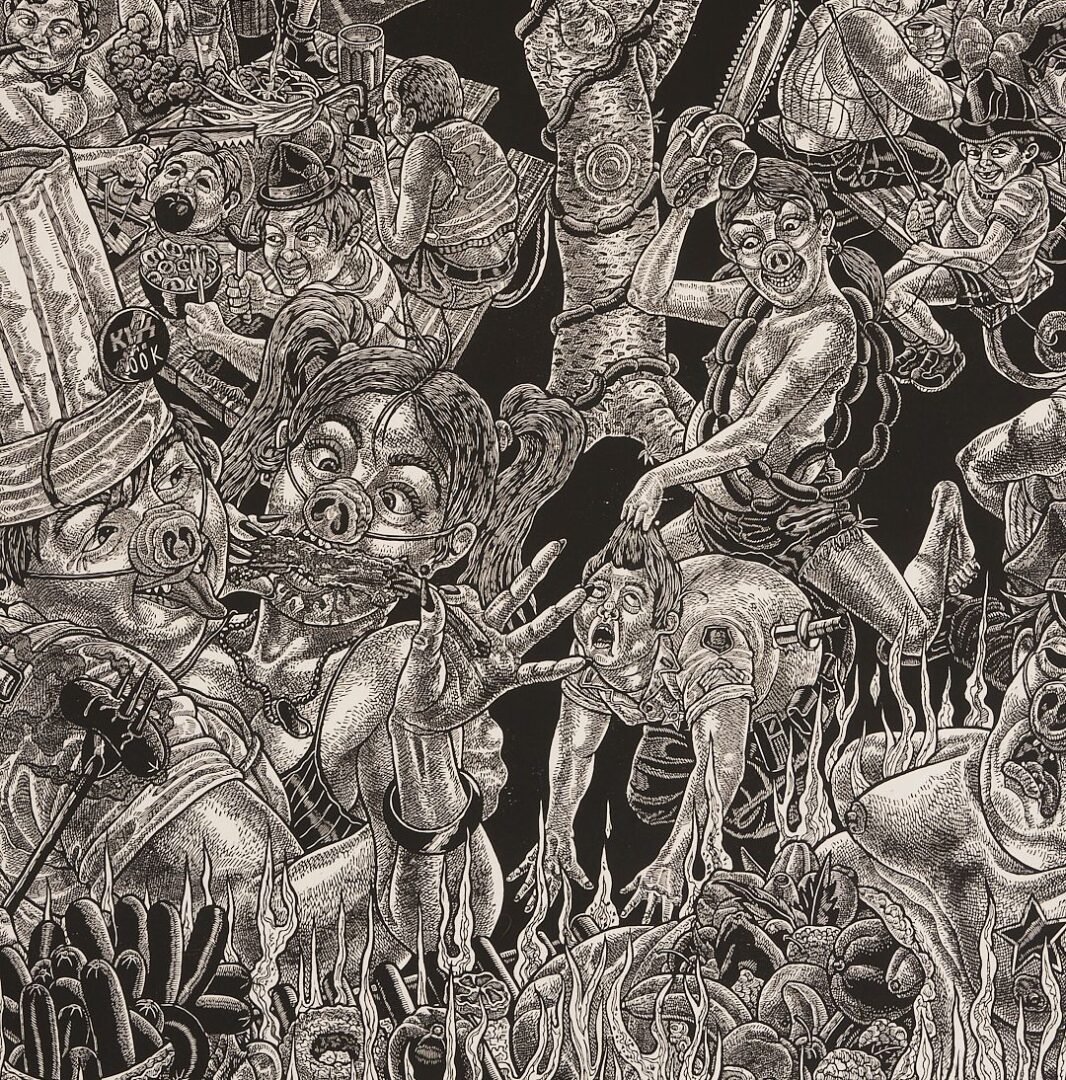 Lot 968: Large Tom Huck Woodcut, Pork Chop Suey: Oinktoberfest
